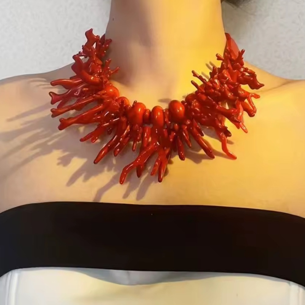 Red Coral Branch Statement Necklace – Bold Ocean-Inspired Chunky Bib Jewelry - Picture 3 of 6